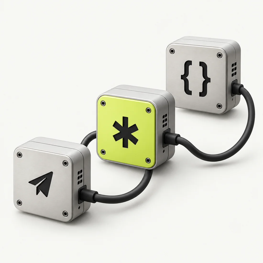 Three connected modules representing web development, automation and Telegram