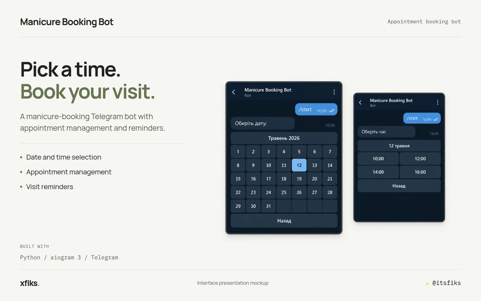 Interface presentation: Manicure Booking Bot. Manicure bookings without the back-and-forth.