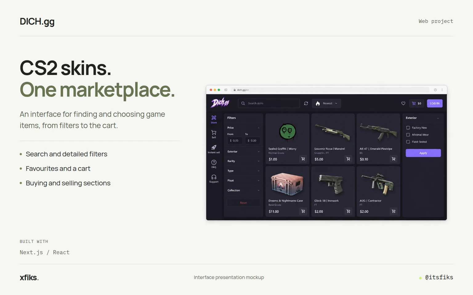 Interface presentation: DICH.gg. A game-item marketplace built around discovery.