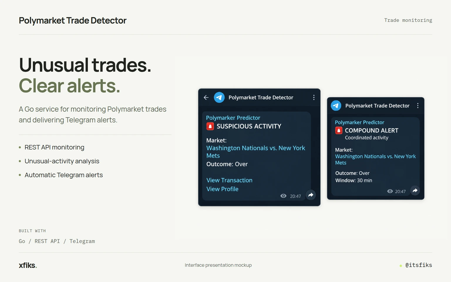 Interface presentation: Polymarket Trade Detector. Unusual trades, delivered to Telegram.