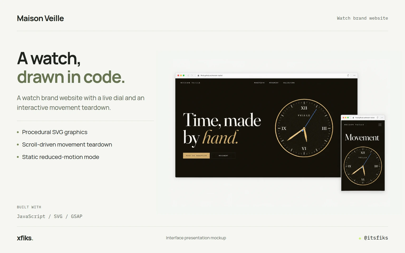 Interface presentation: Maison Veille. A watch drawn entirely in code.